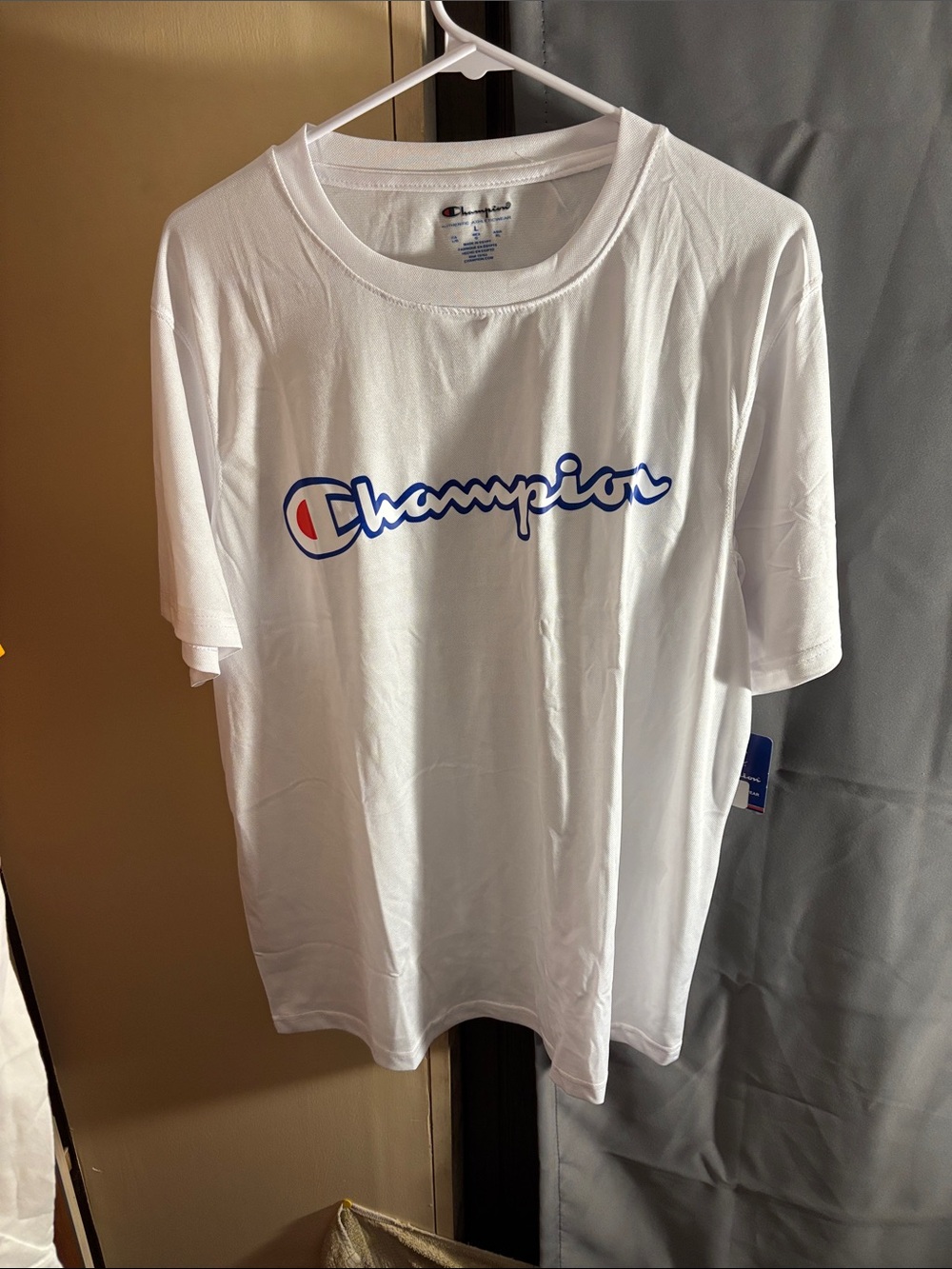 Champion White Tee with Blue and Red Script Logo